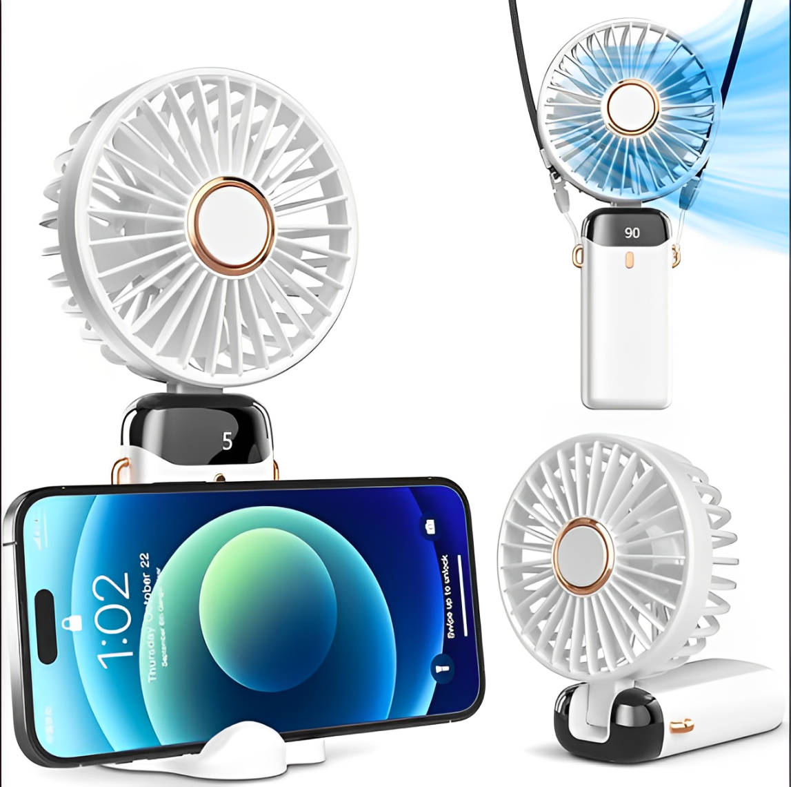 Ventilador de cuello portátil + Mini Ventilador de Mano con Pantalla Digital LED