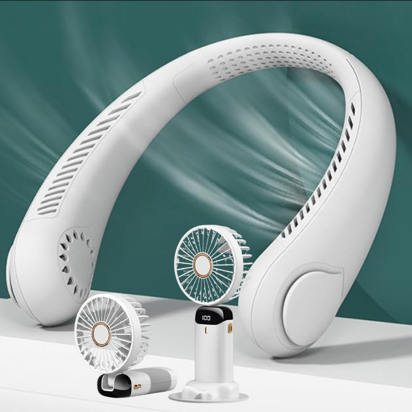 Ventilador de cuello portátil + Mini Ventilador de Mano con Pantalla Digital LED